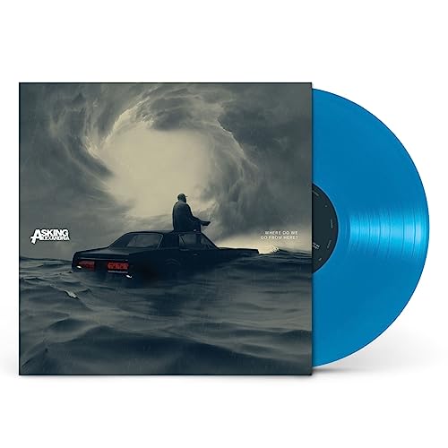 Asking Alexandria album cover with a man on a car in water, blue vinyl record.