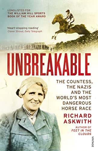 Book cover for Unbreakable by Richard Askwith featuring a woman and a horse rider.