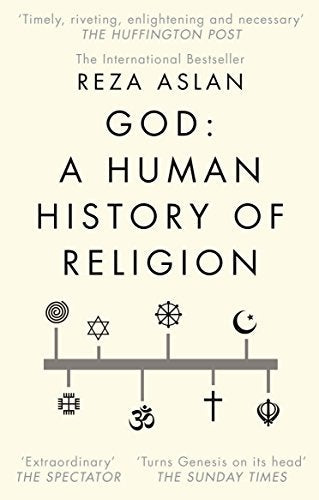 "Book cover with title 'GOD: A HUMAN HISTORY OF RELIGION' and religious symbols on beige background."