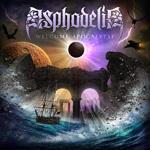 CD cover: apocalyptic landscape with ruins, ship, eclipse, and birds.