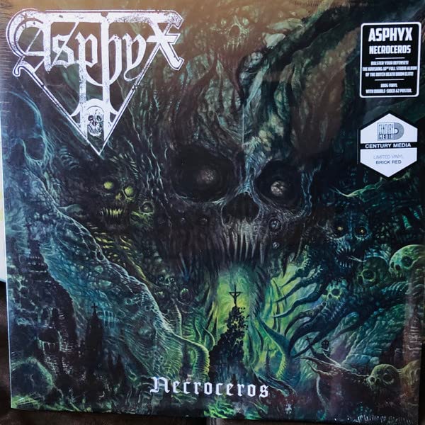 Asphyx "Necroceros" vinyl record cover with a skull and dark, swirling imagery.
