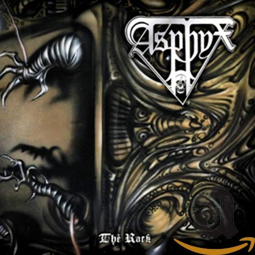 Album cover art for Asphyx The Rack featuring abstract dark biomechanical imagery and logo.