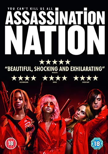 DVD cover for "Assassination Nation" featuring four women in red robes against a black background.