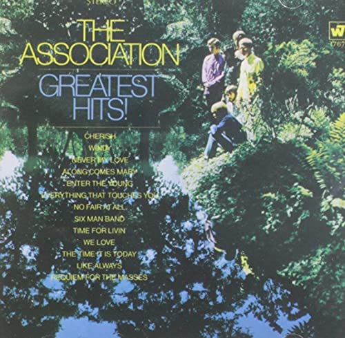 Album cover for The Association’s “Greatest Hits” featuring a group in foliage.