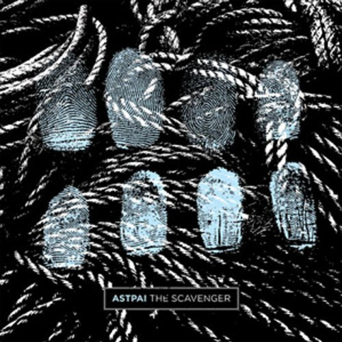 Blue fingerprints overlaid on a black and white background of tangled rope.