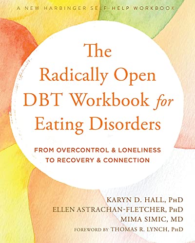 Book cover with watercolor washes and title: "The Radically Open DBT Workbook.