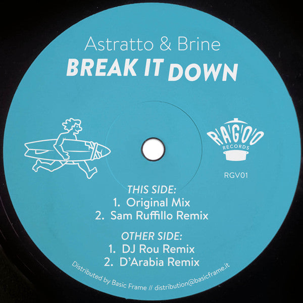 Blue vinyl record label with white text and a running figure illustration.
