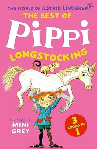 Pippi Longstocking holds a white horse with a monkey on its back, pink background.