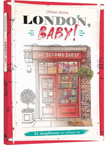 A coloring book cover featuring a red London shopfront illustration titled London, Baby!