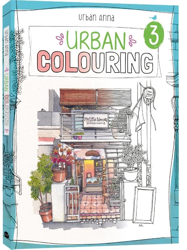 Cover of a coloring book featuring a whimsical line-art illustration of a shopfront.