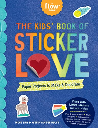 Colorful book cover, “The Kids’ Book of Sticker Love,” with stickers and llama.