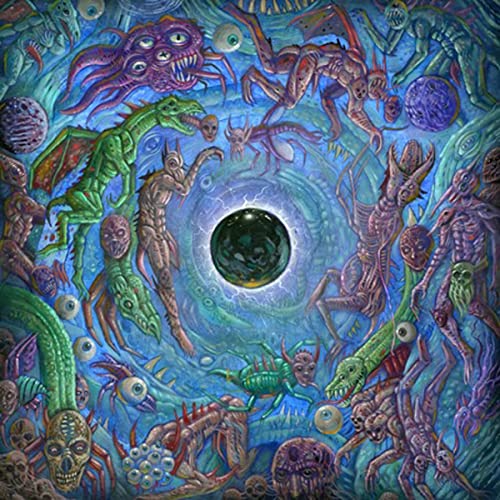 Surreal, colorful painting of monstrous figures spiraling towards a dark orb.