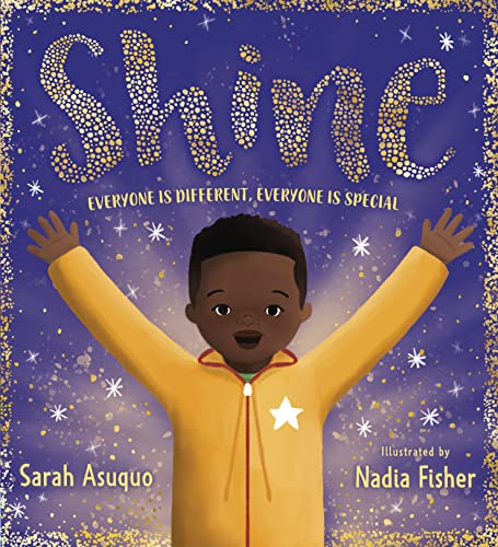 A young Black boy in a yellow jacket stands with arms raised against starry background.