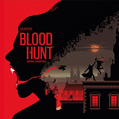 Red and black album cover for “Vampire: Bloodhunt” soundtrack, featuring silhouetted figures.