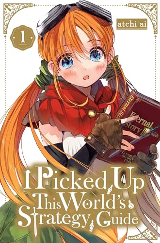 Anime girl with red hair holds a large, ornate book.