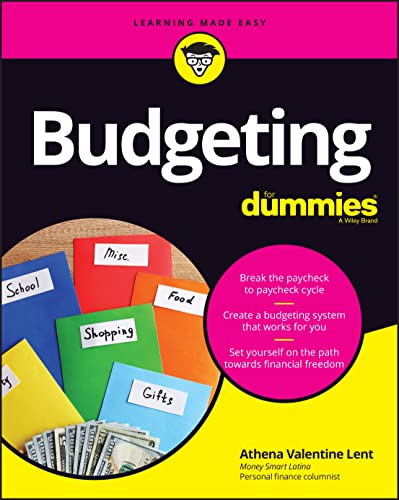 Book cover for "Budgeting For Dummies" with colorful envelopes and money.