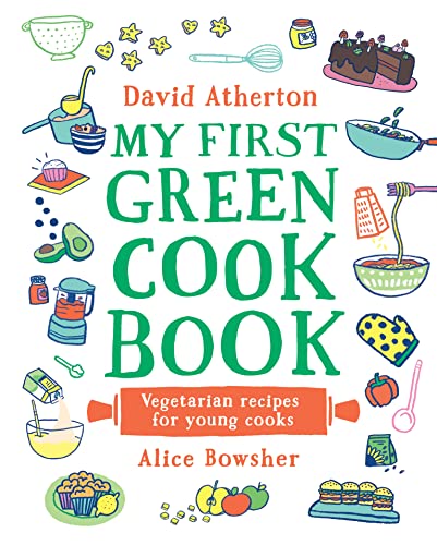 Colorful cookbook with vegetarian recipes for kids, featuring illustrations and green theme.