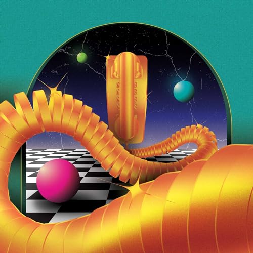 Surreal art with golden ribbed tubes, a pink sphere, and planets in space.