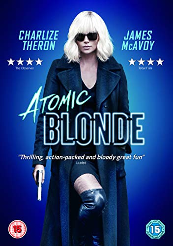 āAtomic Blondeā DVD cover featuring Charlize Theron in a black coat and sunglasses.
