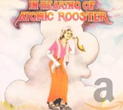 Album cover: woman in orange dress with a rooster in clouds.