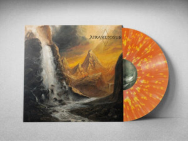Vinyl record with landscape cover art and orange-yellow swirl pattern.