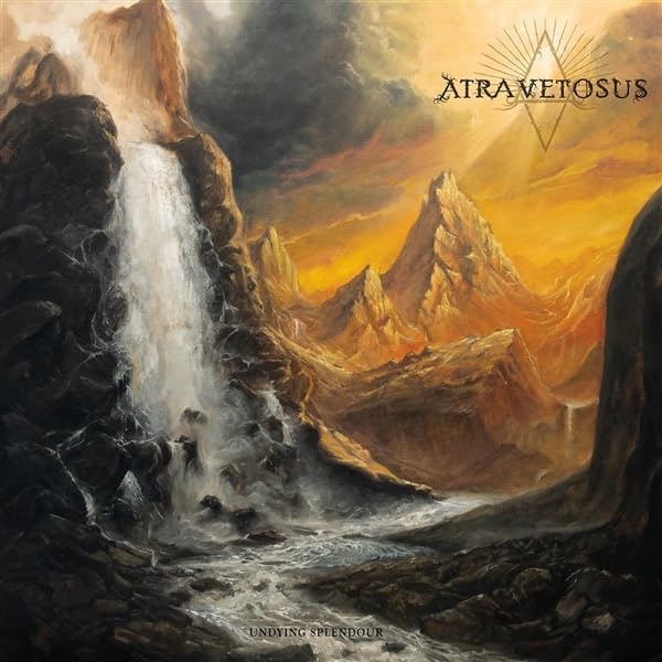 Painting of a waterfall and jagged mountains under a golden, cloudy sky.