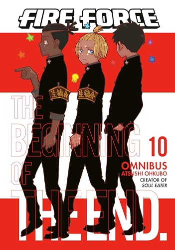 Fire Force Omnibus 10 manga cover featuring three students in black uniforms on red.