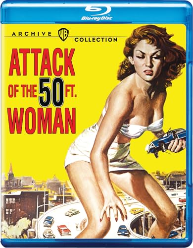 Blu-ray cover for “Attack of the 50ft Woman” featuring a giant woman.