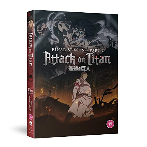 Attack on Titan" DVD cover featuring a distressed character and city scene.