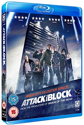 Attack the Block" Blu-ray cover featuring a group facing a tall building.