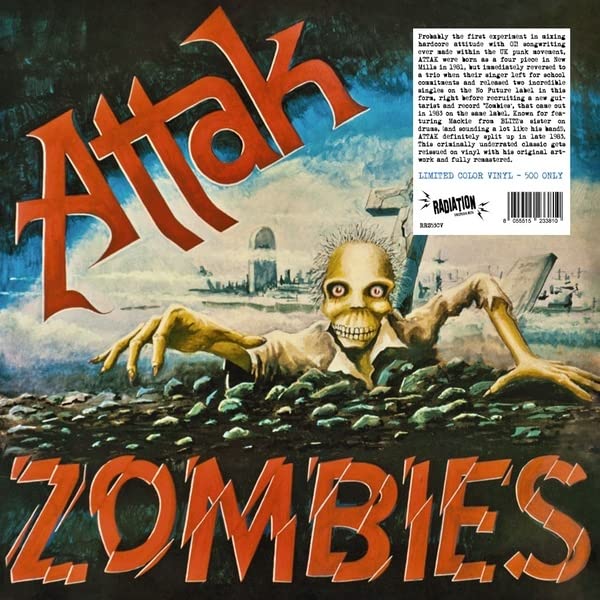 Album cover for Attak’s “Zombies” featuring a green zombie illustration.