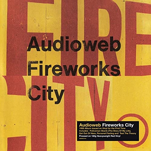 Album cover for Audioweb’s “Fireworks City” with red and yellow typography.