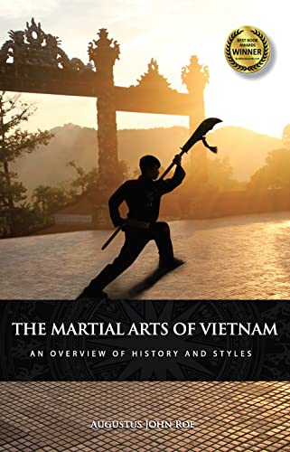 Book cover: martial artist with sword, Vietnamese architecture, title text.