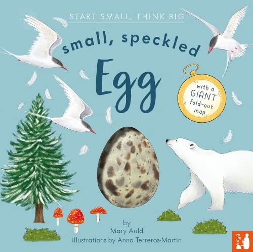 Book cover with speckled egg, birds, polar bear, and evergreen tree.