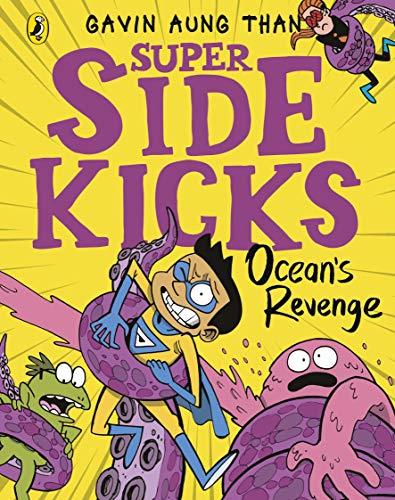 Book cover: cartoon children fighting sea monsters, bright yellow background.