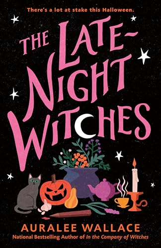 Book cover with pink text, a black cat, jack-o'-lantern, cauldron, and candle on black.