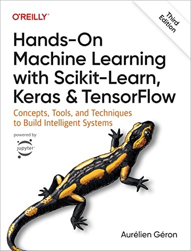 Book cover for Hands-On Machine Learning featuring a black and yellow salamander illustration.