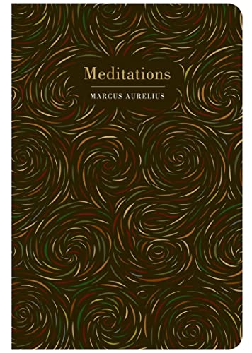 Book cover of Meditations by Marcus Aurelius with a dark swirling pattern background.