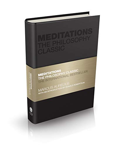 A black and gold hardcover book titled Meditations by Marcus Aurelius.