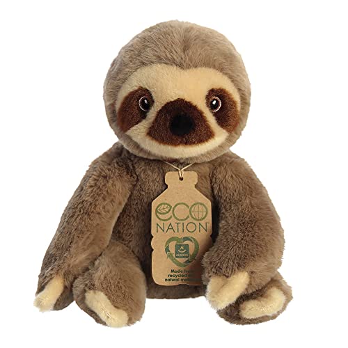 Brown plush sloth with a tag reading “Eco Nation”, facing forward.