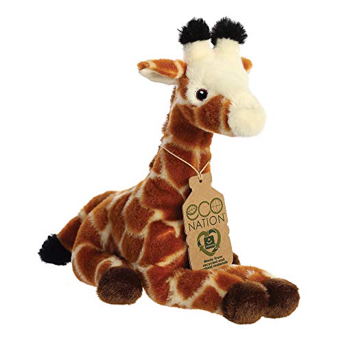 Brown and white plush giraffe soft toy with an Eco Nation tag.