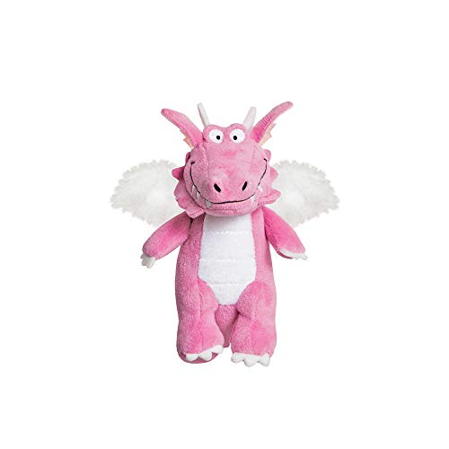 Pink plush dragon toy with white wings and a smiling face.