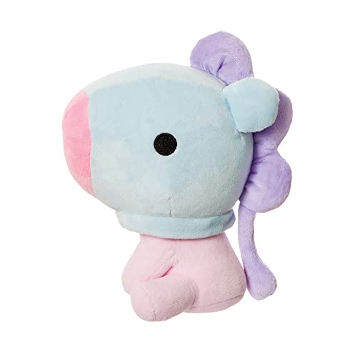 Purple and blue plush doll of BT21 character MANG, sitting pose.