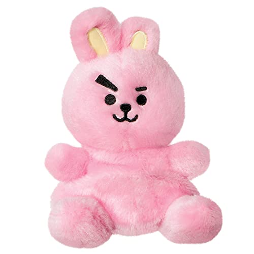 Pink, fluffy bunny plush toy with embroidered black facial features.