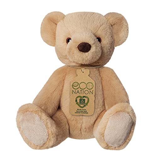A light brown plush teddy bear with an Eco Nation tag around its neck.