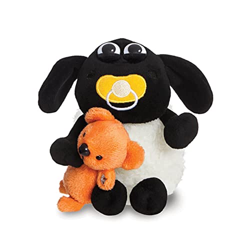 Shaun the Sheep plush toy holding a small orange Timmy teddy bear.