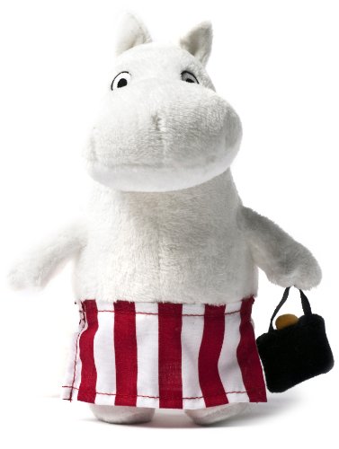 White Moomin plush toy wearing red and white striped shorts and holding a bag.