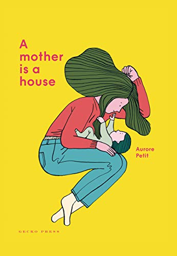 A mother with long green hair cradles her baby on a bright yellow background.