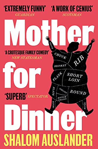 Book cover: "Mother for Dinner" depicts a figure shaped like a cut of beef.
