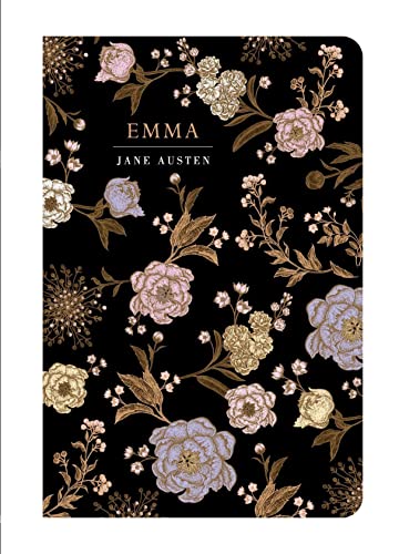 Book cover of Emma by Jane Austen featuring gold and purple floral illustrations on black.
